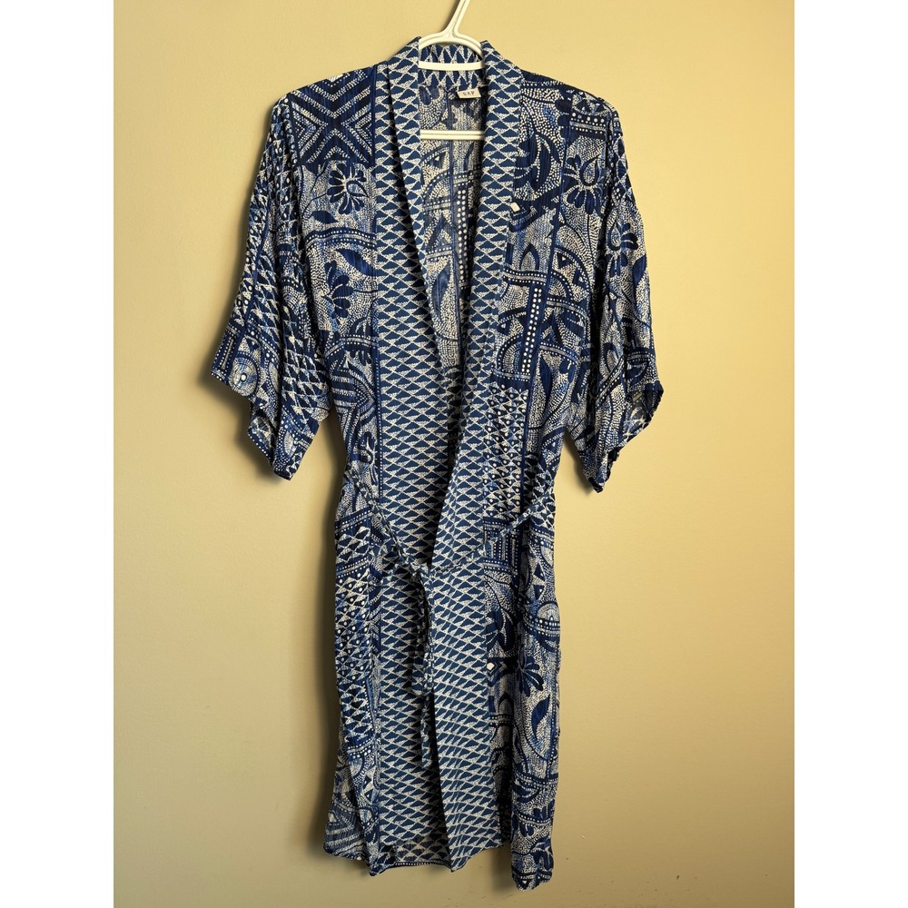 Gap Boho Geometric Print Kimono Robe S/M Long Topper Blue White Coastal Festival